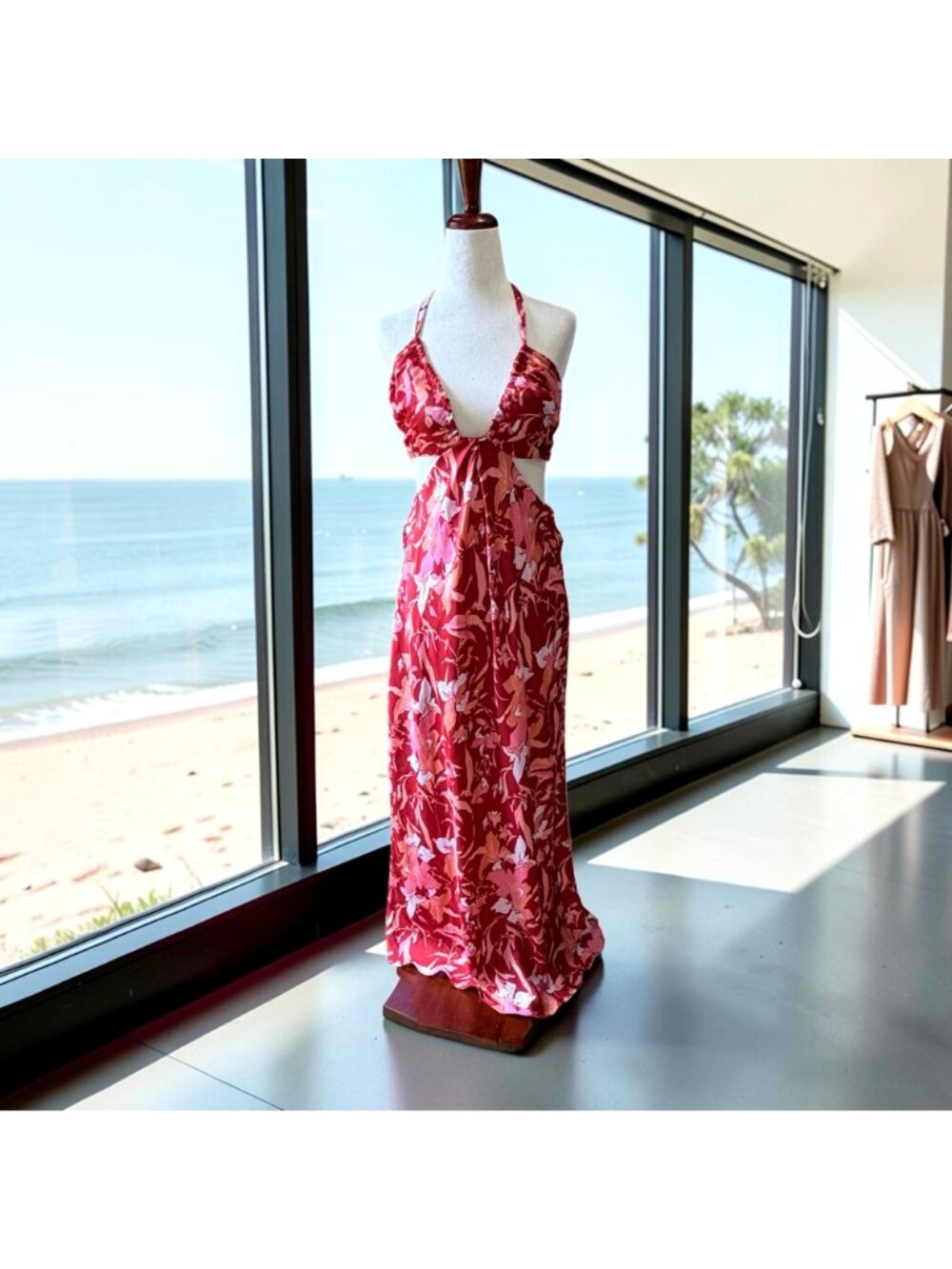 J. Crew Collection Halter Cut Out Maxi Satin Dress Lily Swirl Coral Pink Resort - Picture 2 of 7